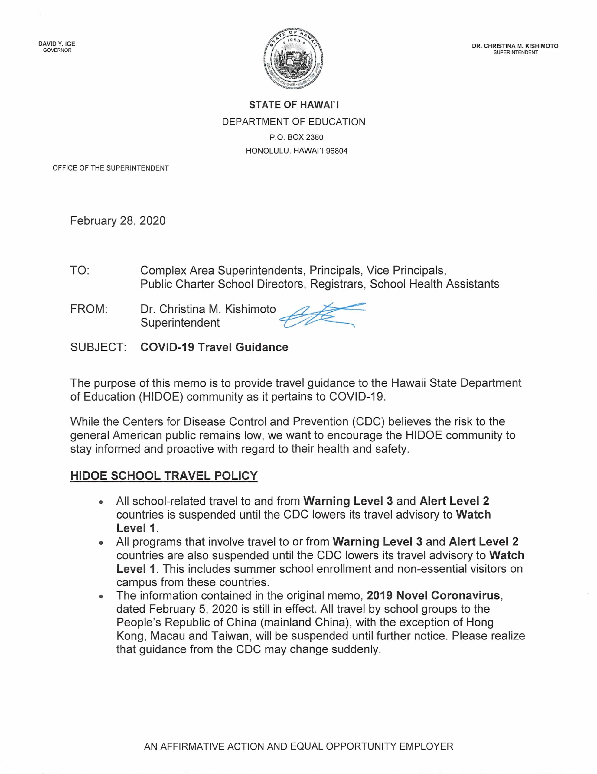 COVID 19 Travel Guidance Page 1 W.R. Farrington High School